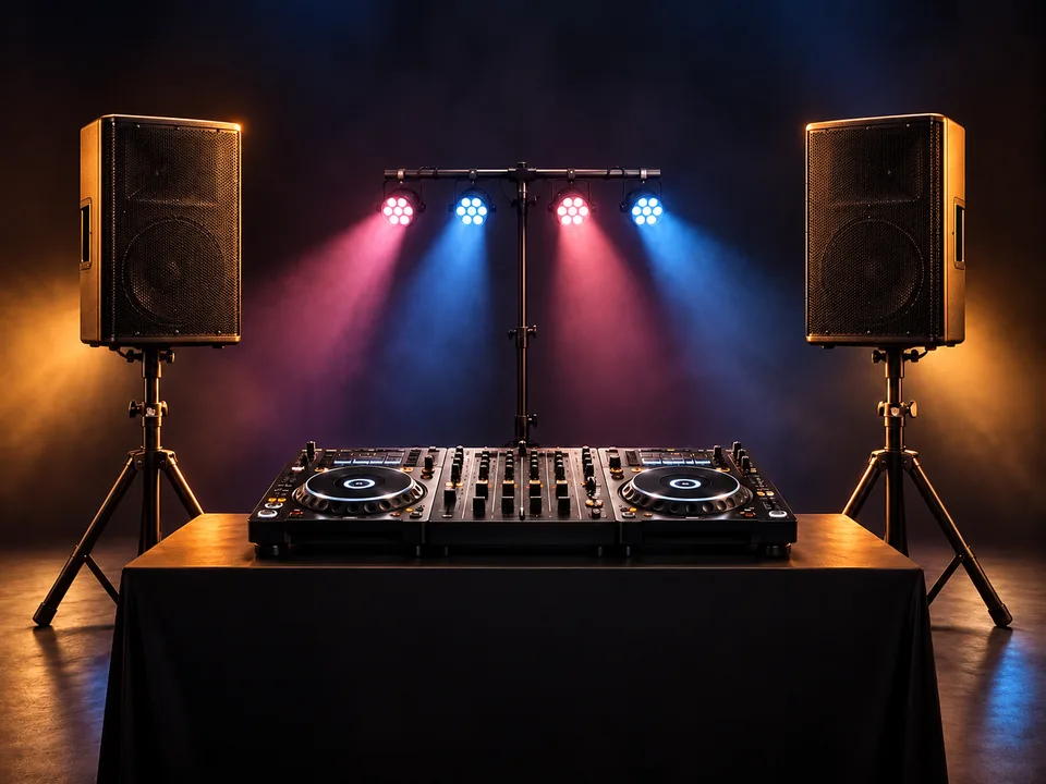 Illustration af DJ-pult med højttalere og lys