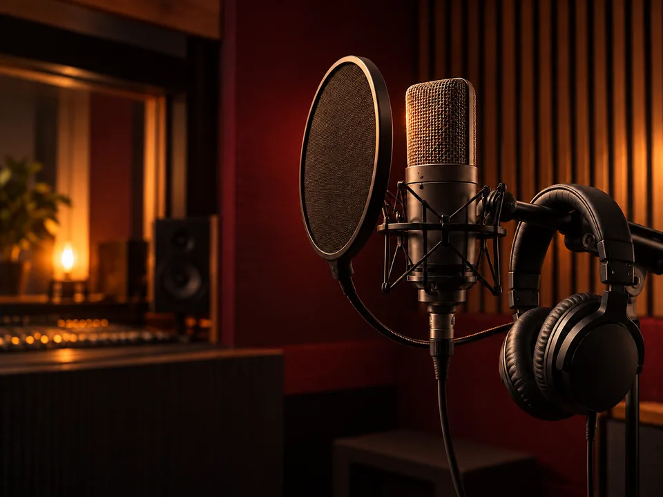Studiemikrofon med popfilter og hovedtelefoner